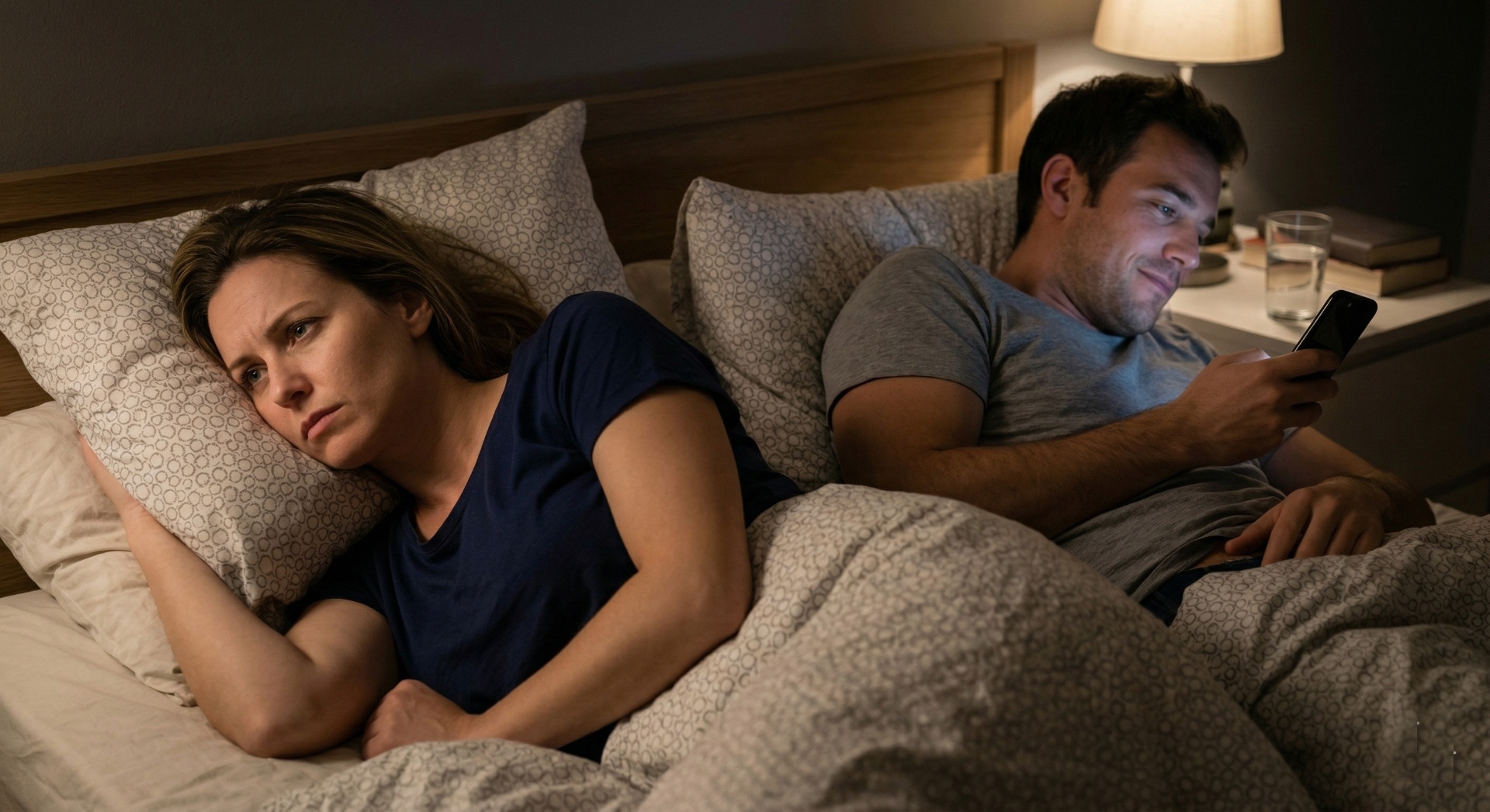 Casal afastado na cama à noite, ele olhando o celular e ela de costas, expressando distância emocional
